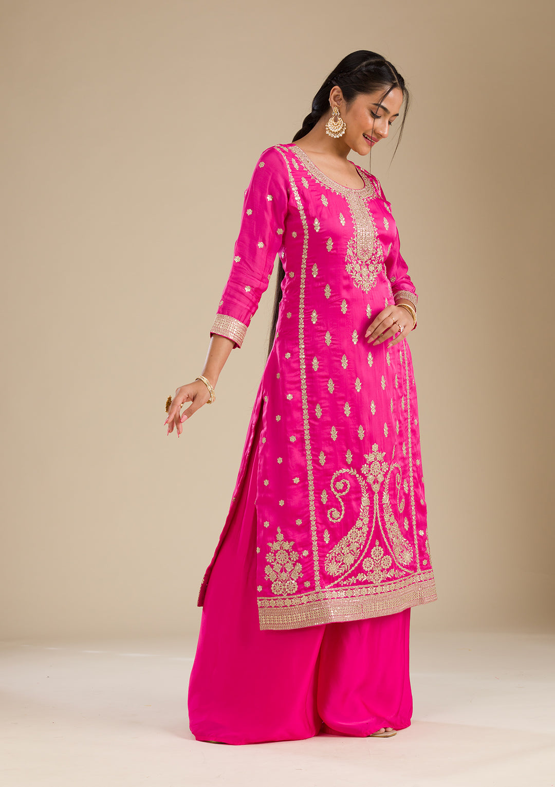 Rani Pink Zariwork Semi Crepe Readymade Salwar Suit