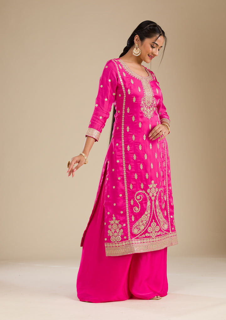 Rani Pink Zariwork Semi Crepe Readymade Salwar Suit