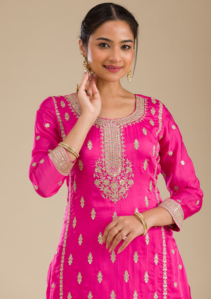Rani Pink Zariwork Semi Crepe Readymade Salwar Suit