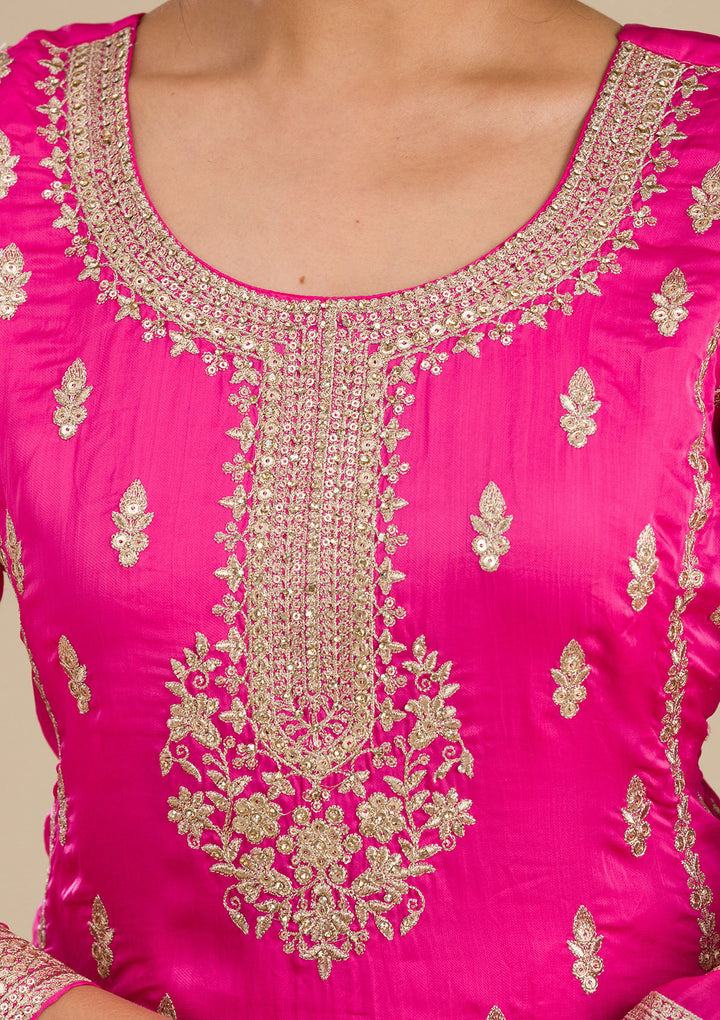 Rani Pink Zariwork Semi Crepe Readymade Salwar Suit