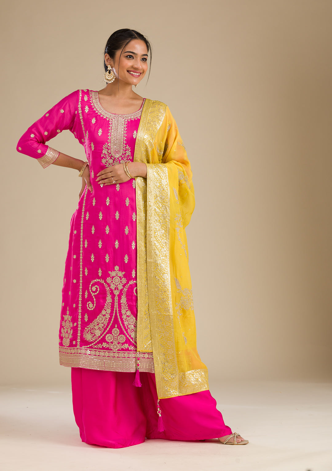 Rani Pink Zariwork Semi Crepe Readymade Salwar Suit