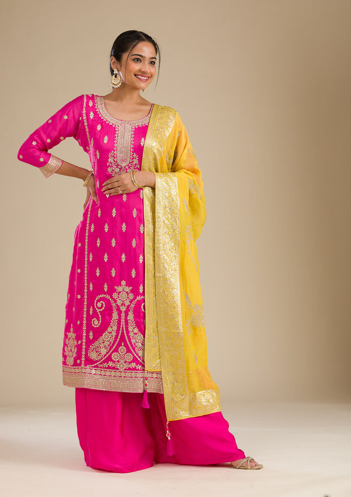 Rani Pink Zariwork Semi Crepe Readymade Salwar Suit