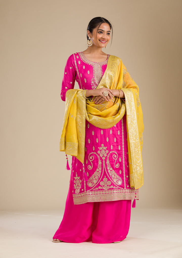Rani Pink Zariwork Semi Crepe Readymade Salwar Suit