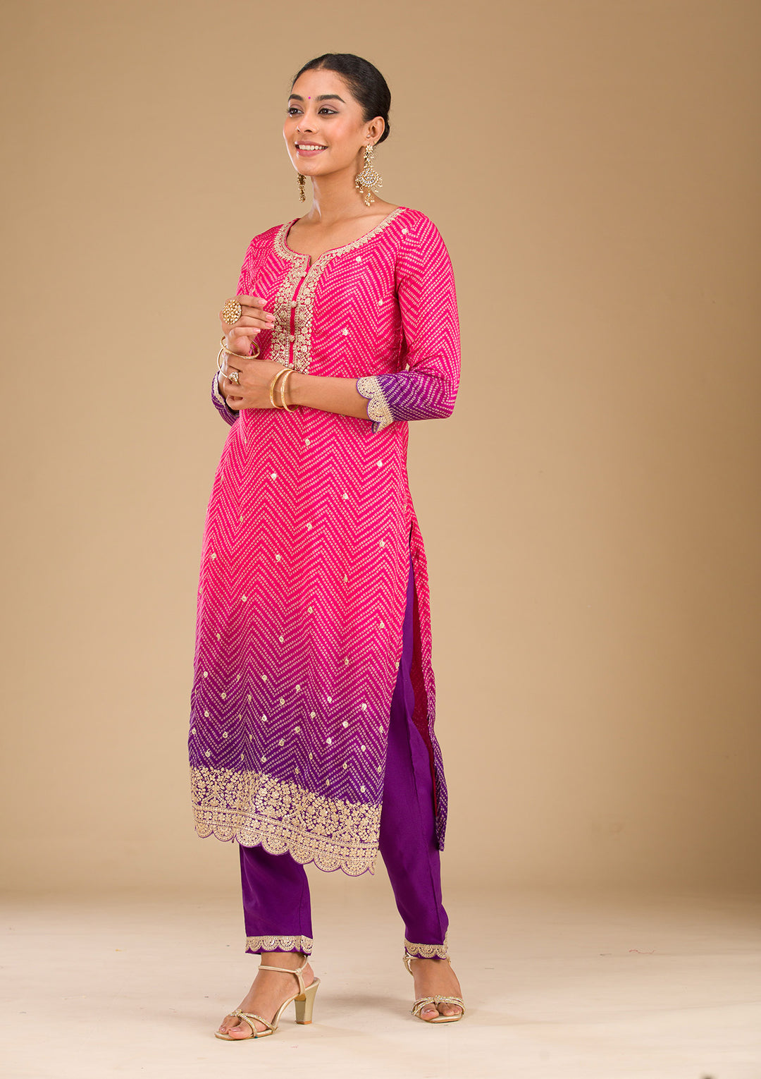 Rani Pink Zariwork Semi Crepe Readymade Salwar Suit