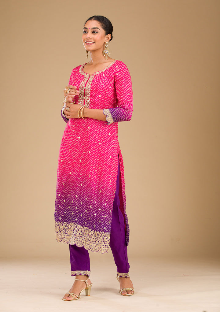 Rani Pink Zariwork Semi Crepe Readymade Salwar Suit