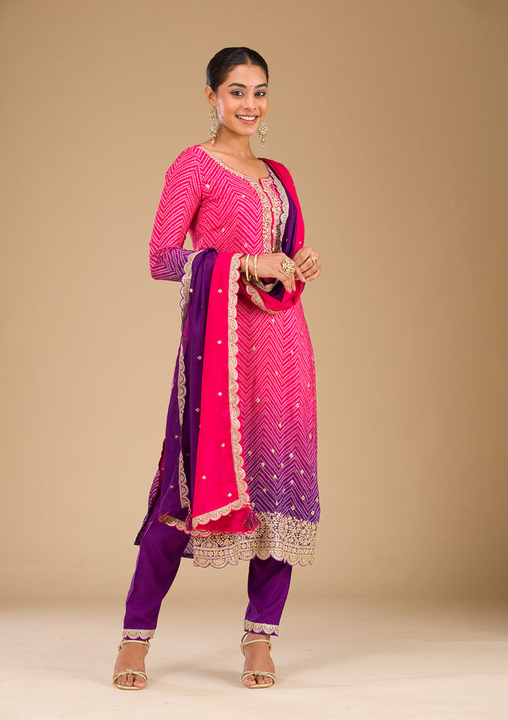 Rani Pink Zariwork Semi Crepe Readymade Salwar Suit