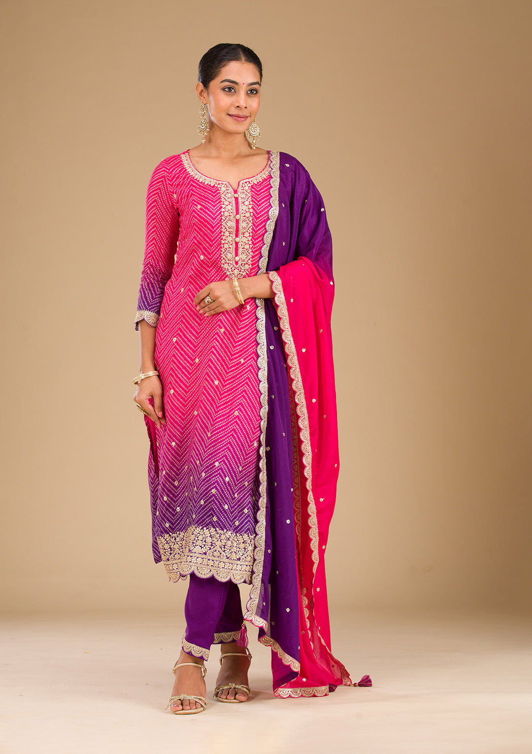 Rani Pink Zariwork Semi Crepe Readymade Salwar Suit