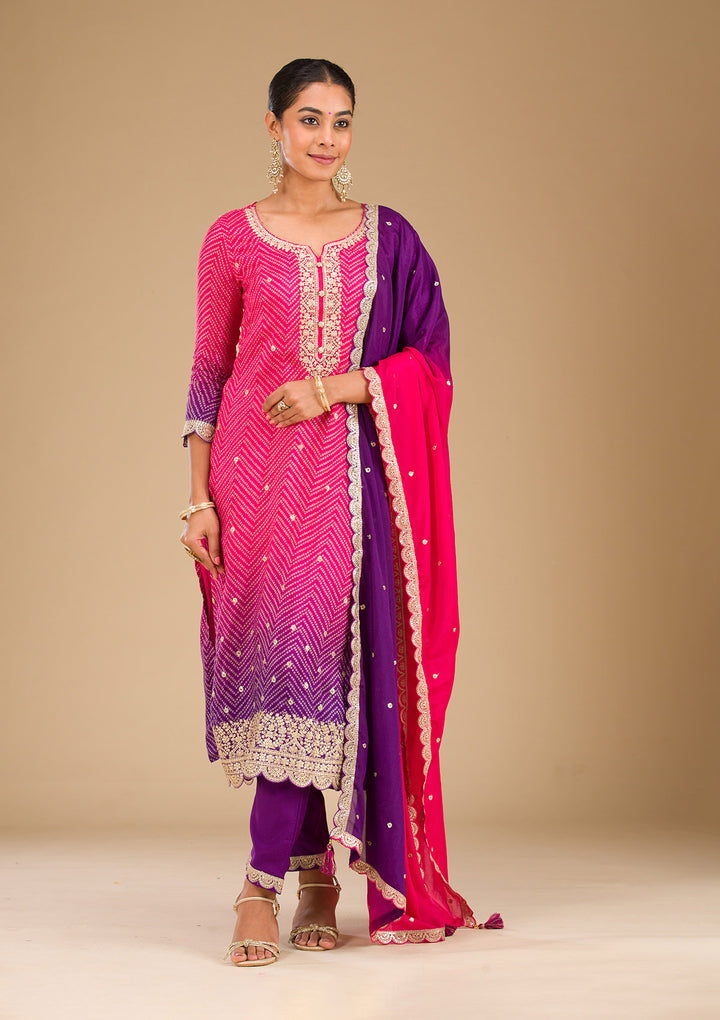 Rani Pink Zariwork Semi Crepe Readymade Salwar Suit