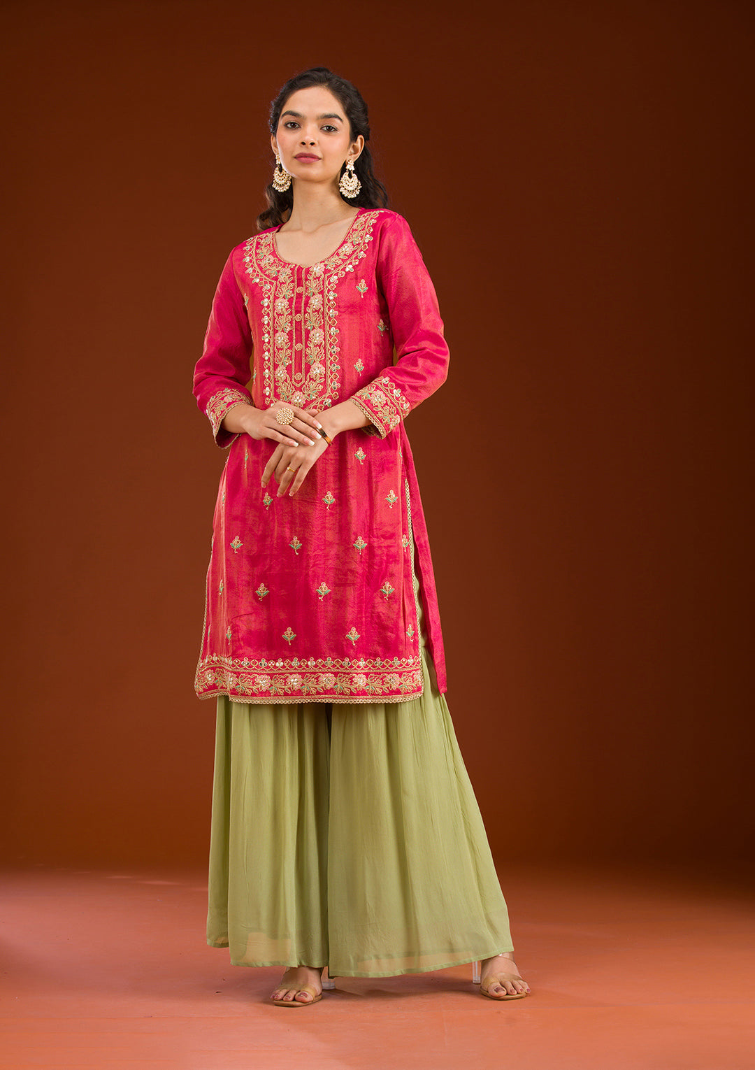 Rani Pink Zariwork Semi Crepe Readymade Salwar Suit