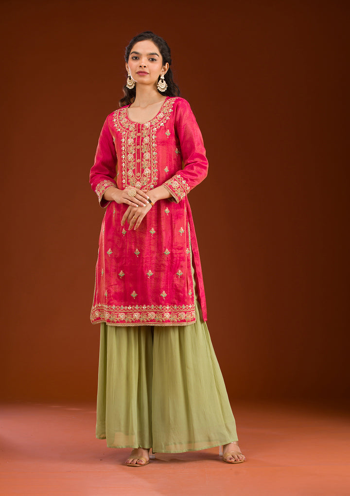 Rani Pink Zariwork Semi Crepe Readymade Salwar Suit