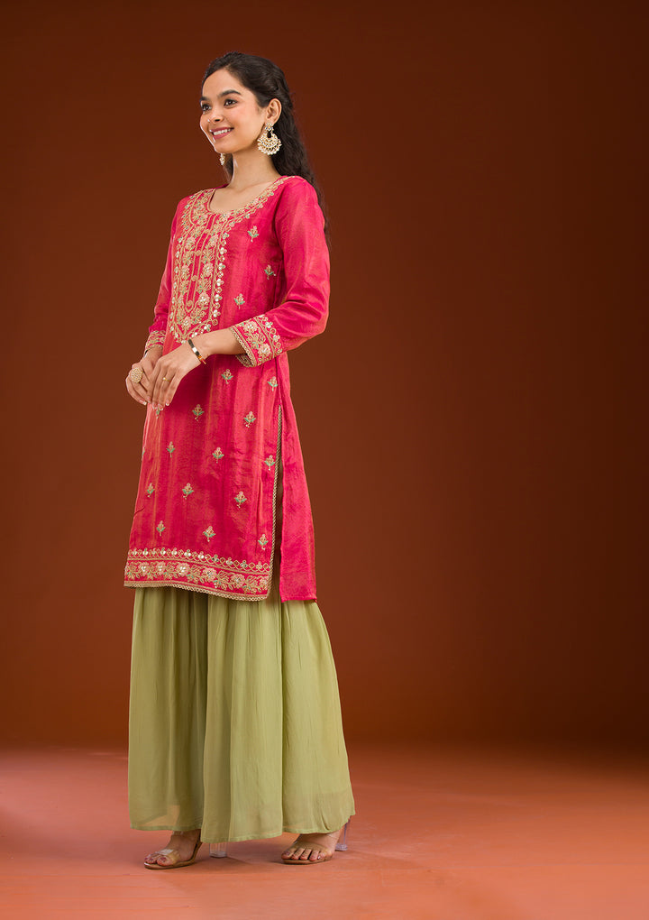Rani Pink Zariwork Semi Crepe Readymade Salwar Suit