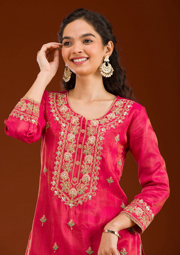 Rani Pink Zariwork Semi Crepe Readymade Salwar Suit