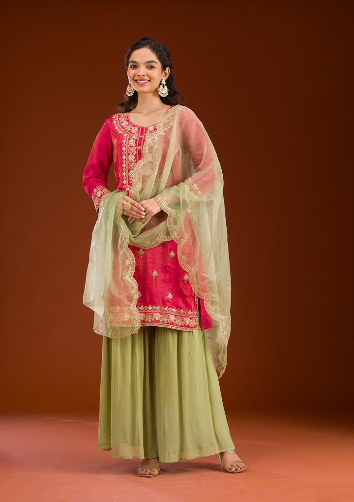 Rani Pink Zariwork Semi Crepe Readymade Salwar Suit