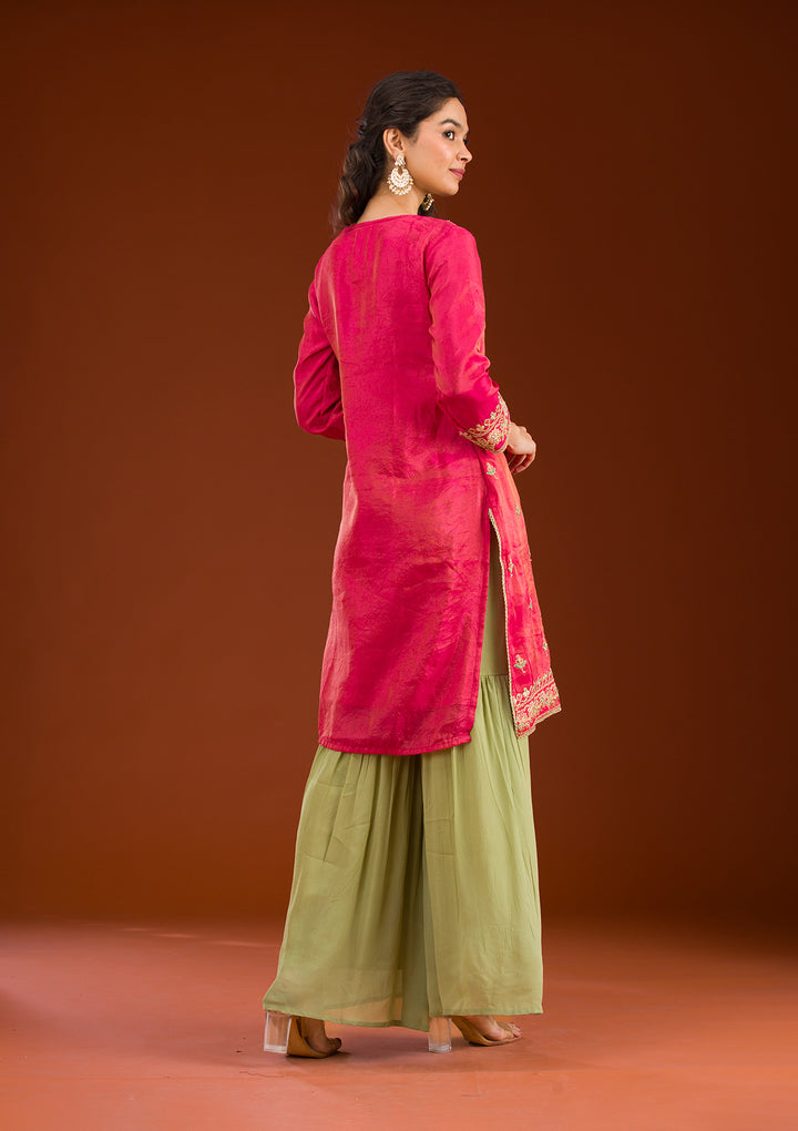 Rani Pink Zariwork Semi Crepe Readymade Salwar Suit
