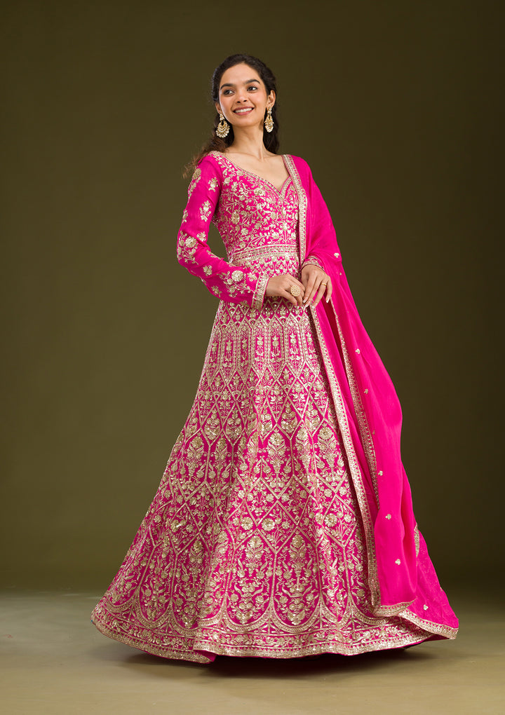 Rani Pink Zariwork Semi Crepe Readymade Salwar Suit