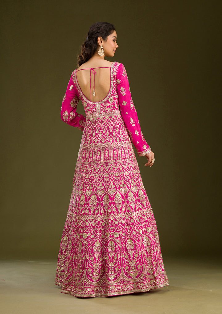 Rani Pink Zariwork Semi Crepe Readymade Salwar Suit