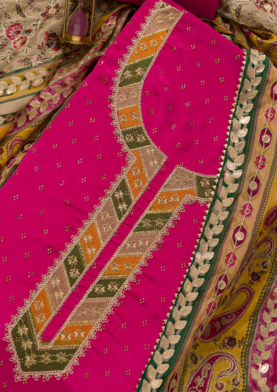 Rani Pink Zariwork Semi Crepe Unstitched Salwar Suit