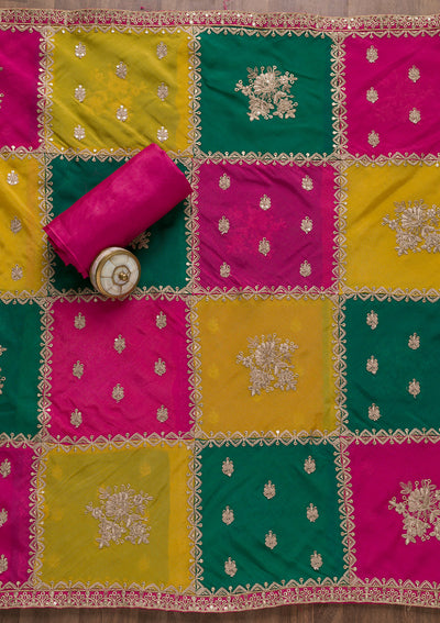 Rani Pink Zariwork Semi Crepe Unstitched Salwar Suit