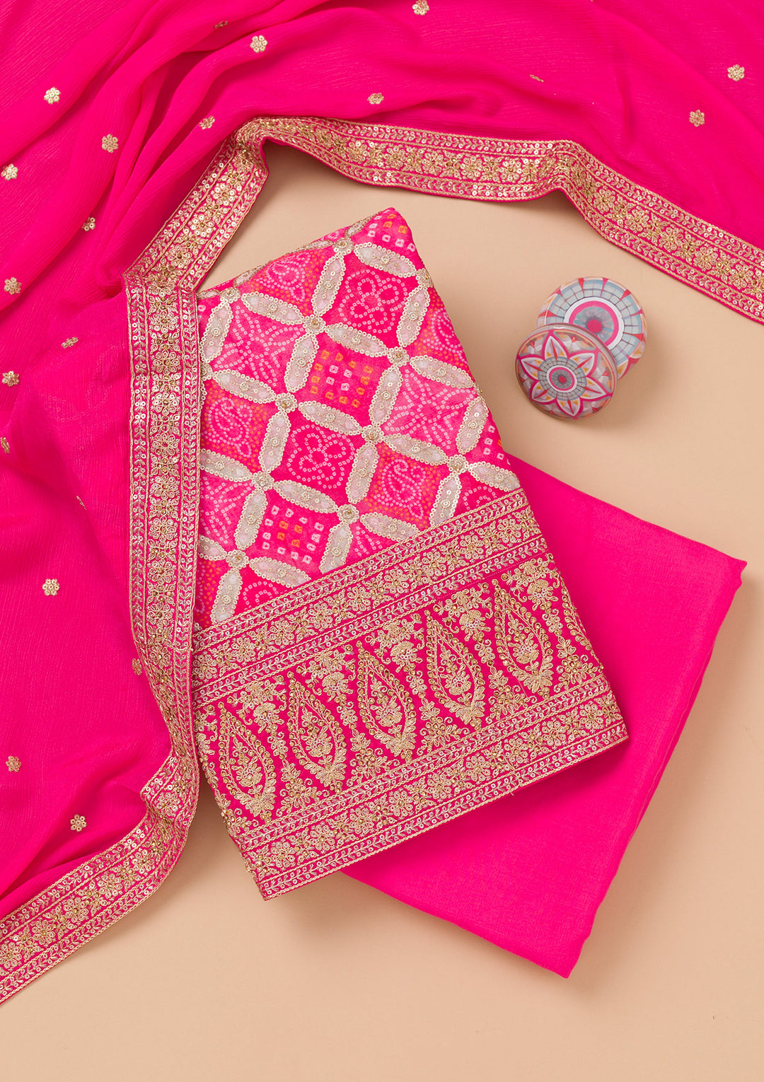Rani Pink Zariwork Semi Crepe Unstitched Salwar Suit