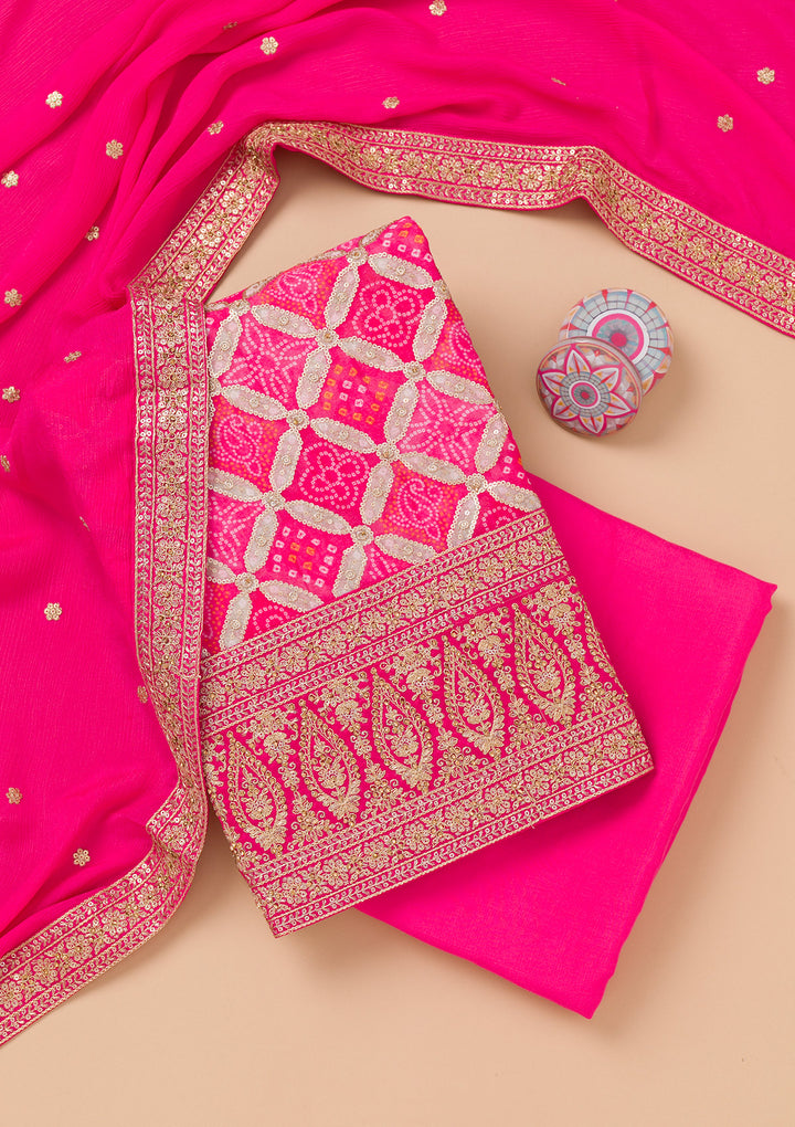 Rani Pink Zariwork Semi Crepe Unstitched Salwar Suit