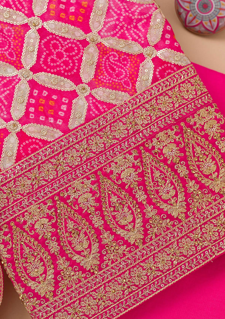 Rani Pink Zariwork Semi Crepe Unstitched Salwar Suit