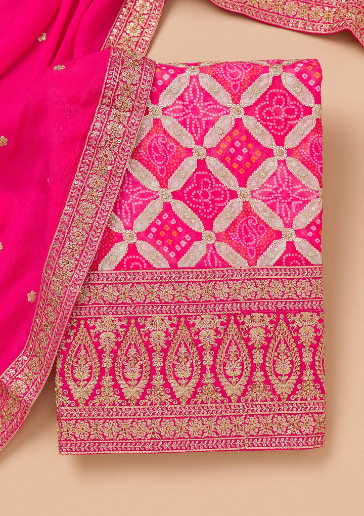 Rani Pink Zariwork Semi Crepe Unstitched Salwar Suit