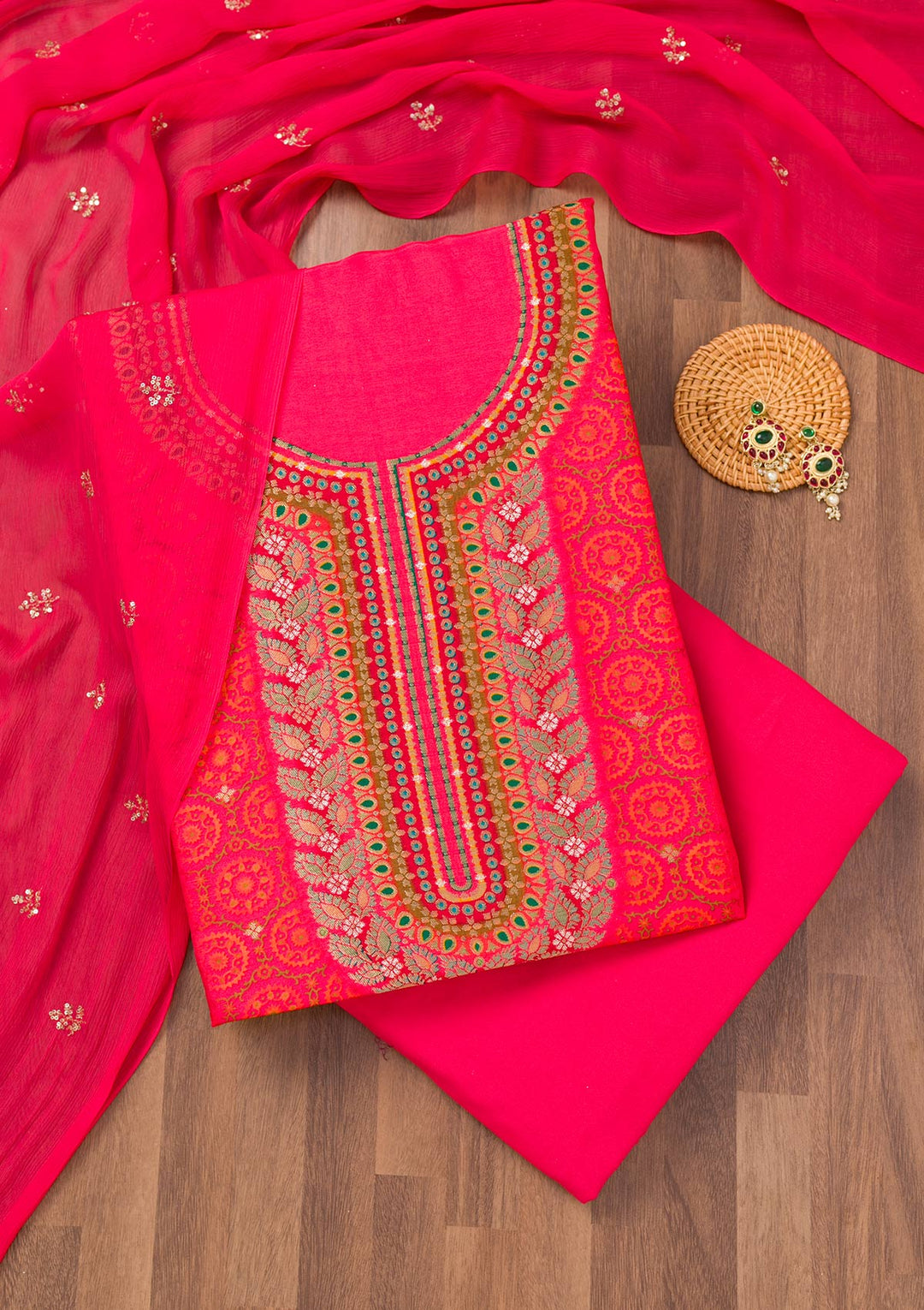 Rani Pink Zariwork Semi Crepe Unstitched Salwar Suit