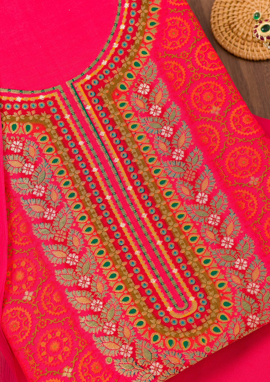 Rani Pink Zariwork Semi Crepe Unstitched Salwar Suit