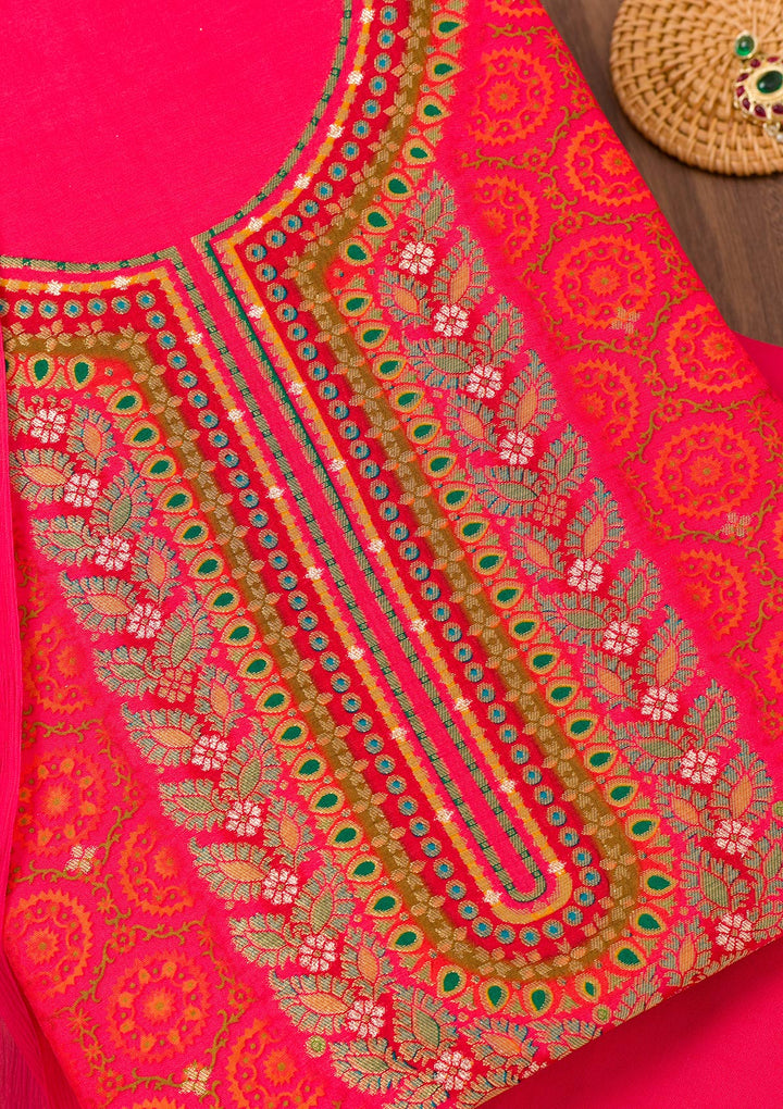 Rani Pink Zariwork Semi Crepe Unstitched Salwar Suit