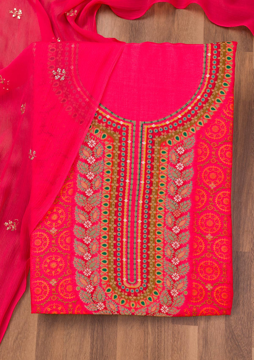 Rani Pink Zariwork Semi Crepe Unstitched Salwar Suit