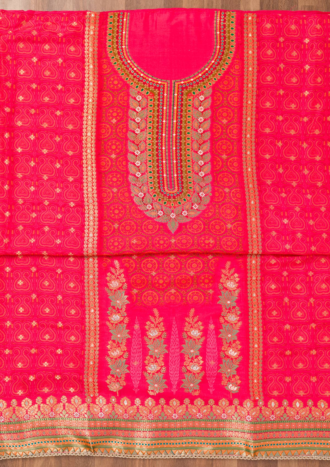 Rani Pink Zariwork Semi Crepe Unstitched Salwar Suit