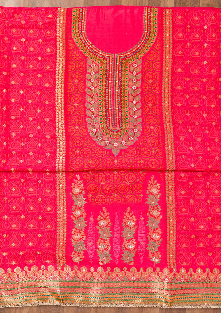 Rani Pink Zariwork Semi Crepe Unstitched Salwar Suit