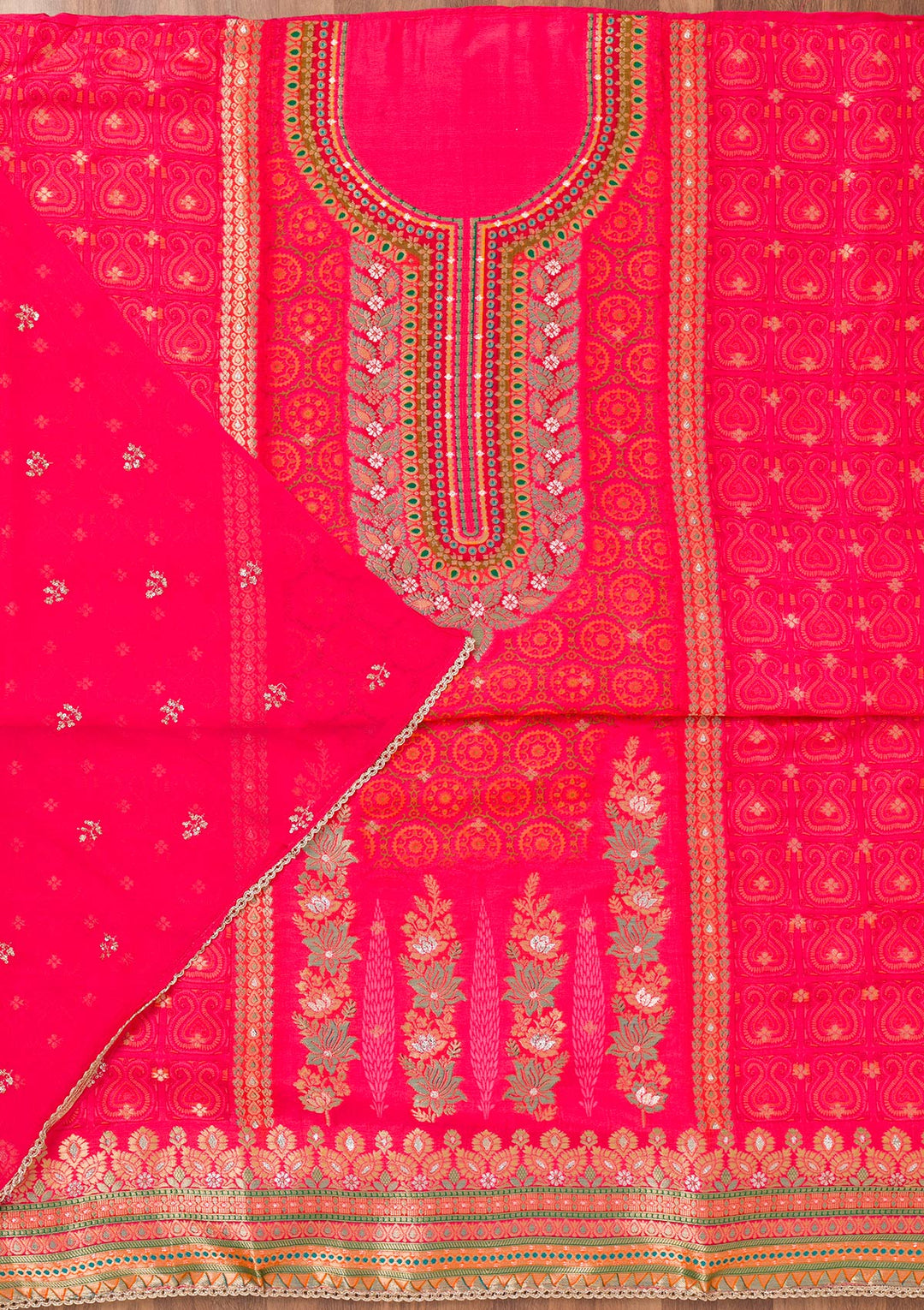 Rani Pink Zariwork Semi Crepe Unstitched Salwar Suit