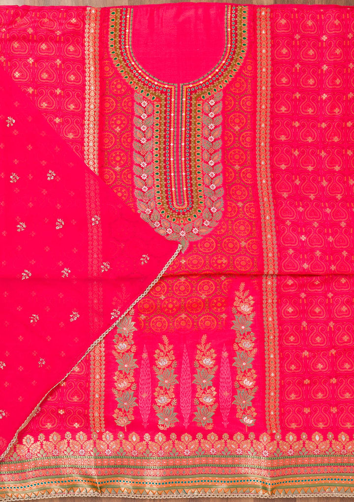 Rani Pink Zariwork Semi Crepe Unstitched Salwar Suit