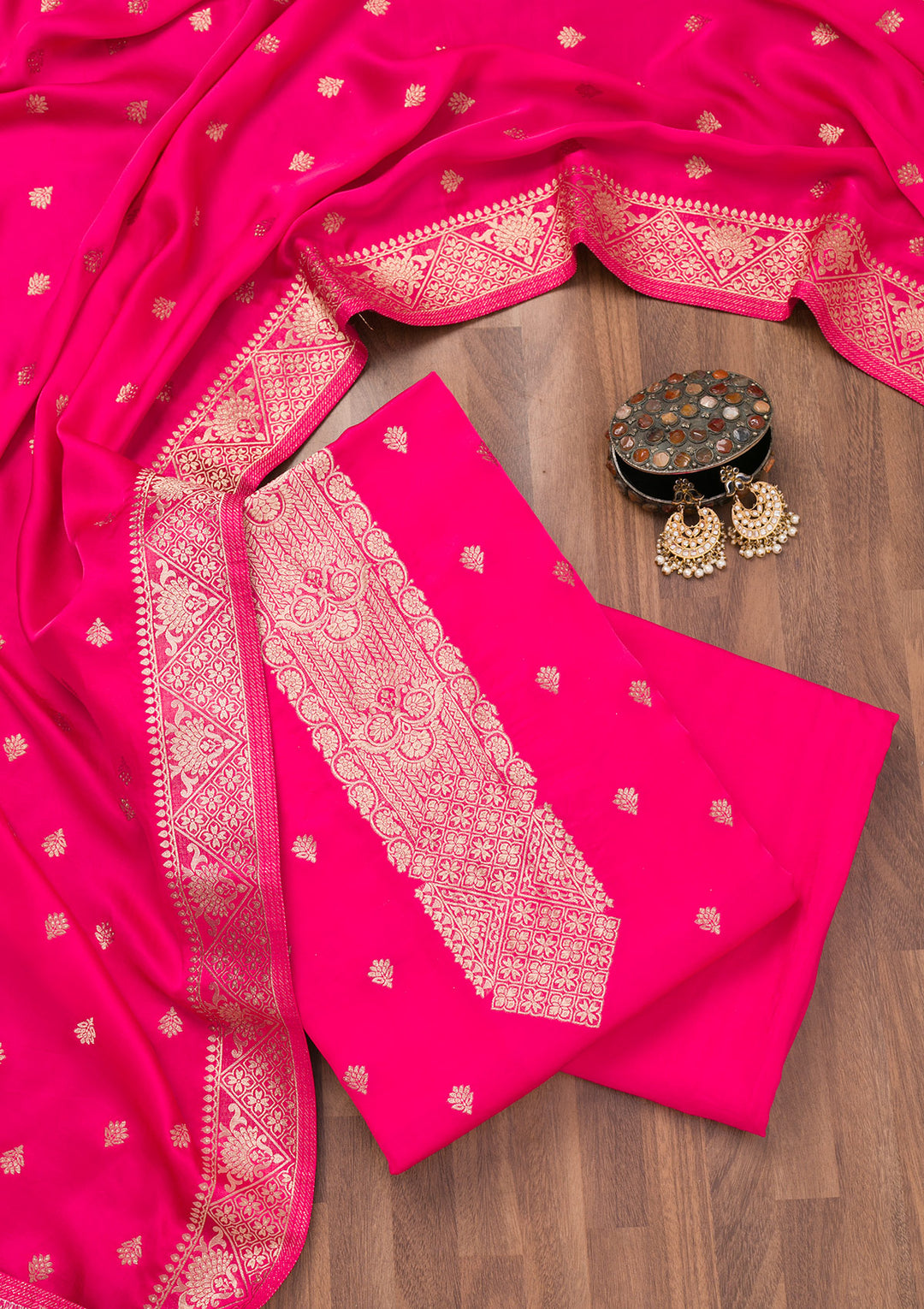 Rani Pink Zariwork Semi Crepe Unstitched Salwar Suit