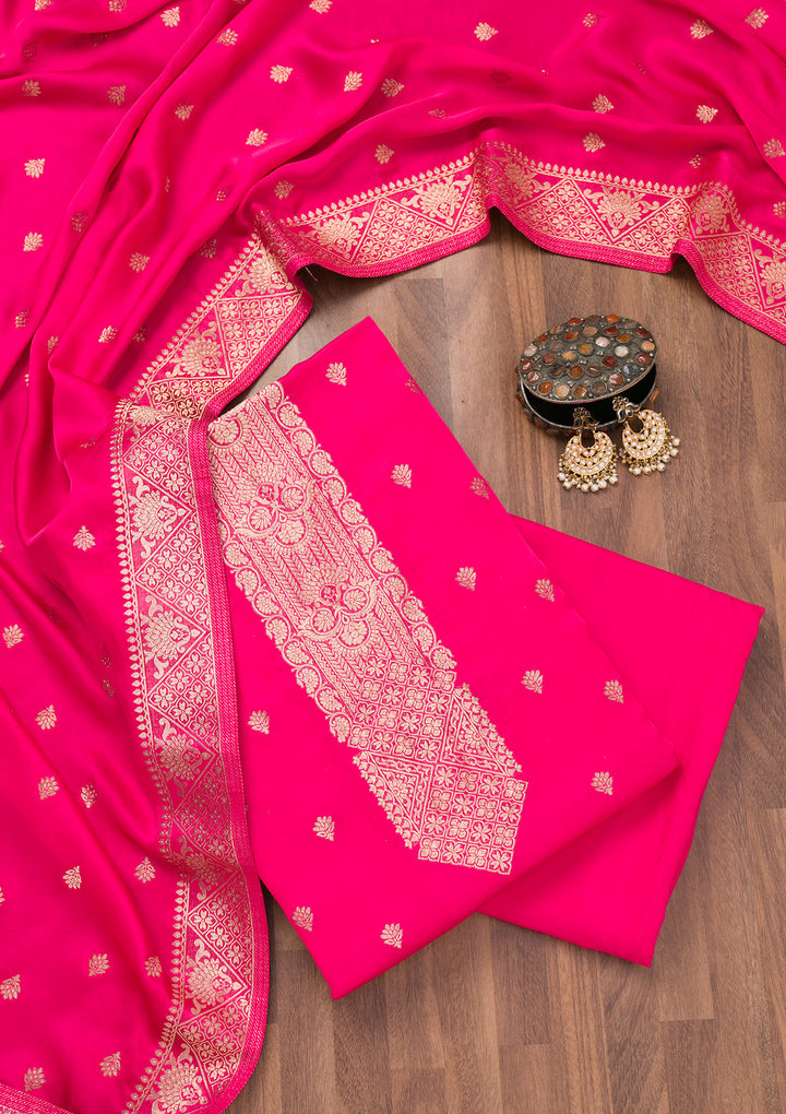 Rani Pink Zariwork Semi Crepe Unstitched Salwar Suit