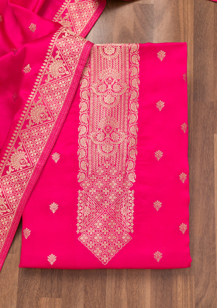 Rani Pink Zariwork Semi Crepe Unstitched Salwar Suit