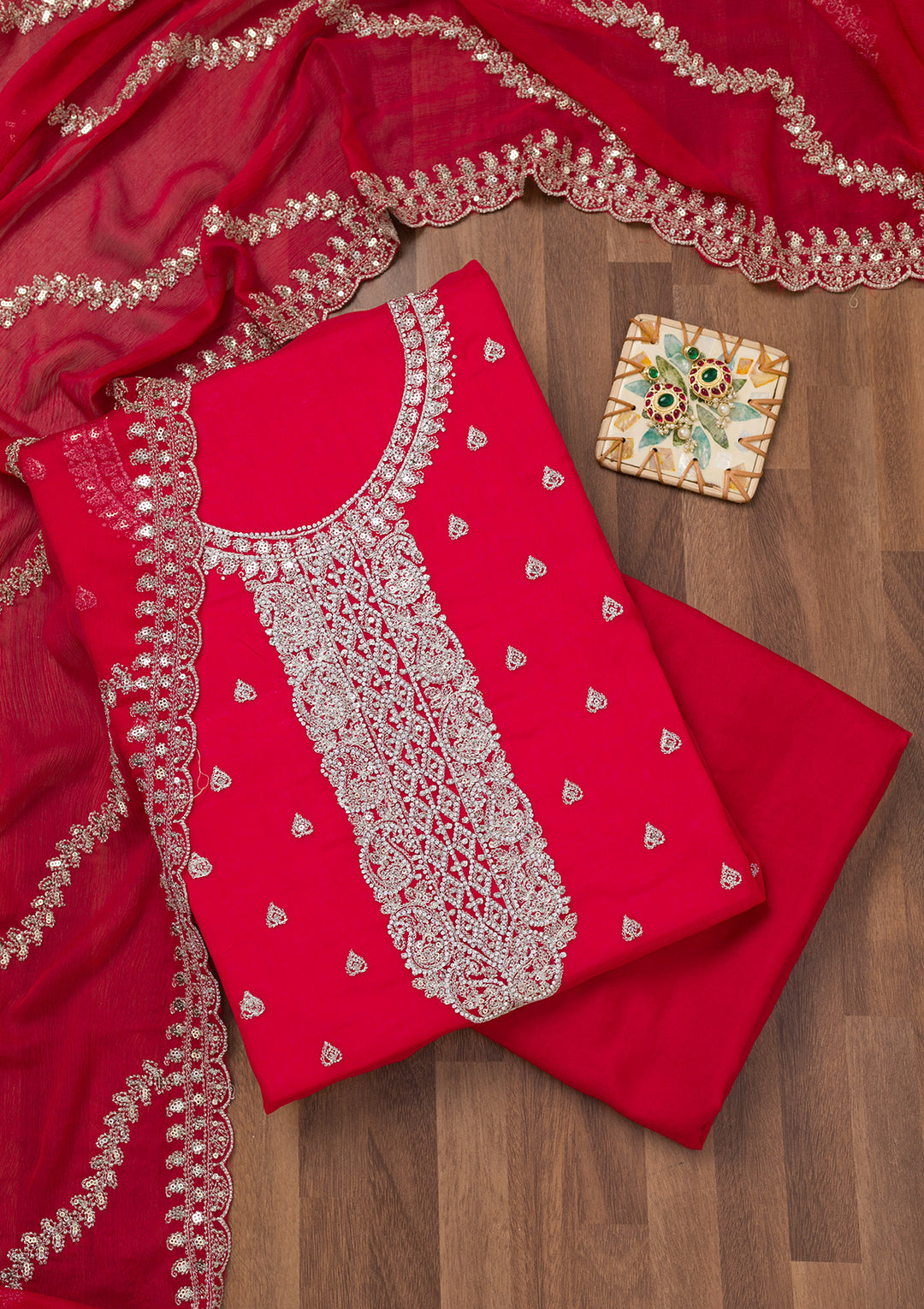 Rani Pink Zariwork Semi Crepe Unstitched Salwar Suit