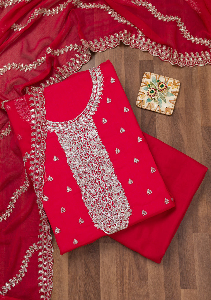 Rani Pink Zariwork Semi Crepe Unstitched Salwar Suit