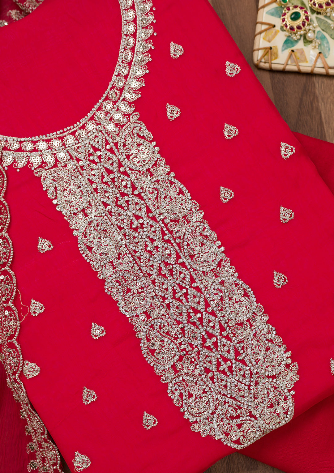 Rani Pink Zariwork Semi Crepe Unstitched Salwar Suit