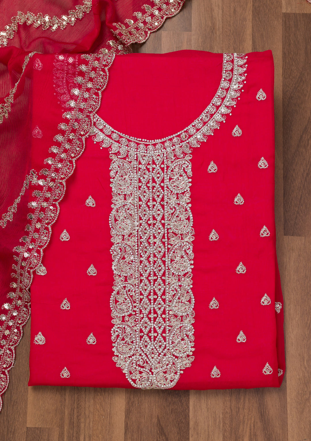 Rani Pink Zariwork Semi Crepe Unstitched Salwar Suit