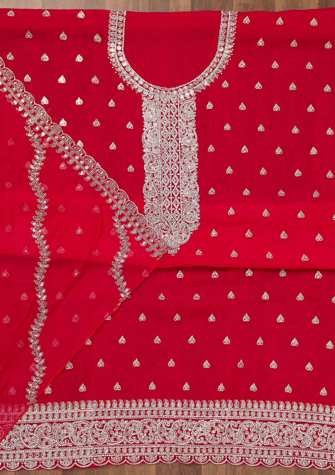 Rani Pink Zariwork Semi Crepe Unstitched Salwar Suit