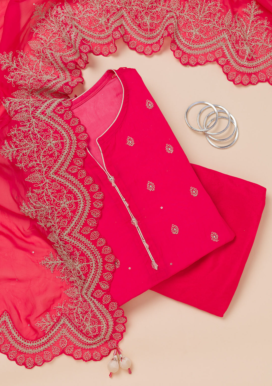 Rani Pink Zariwork Semi Crepe Unstitched Salwar Suit