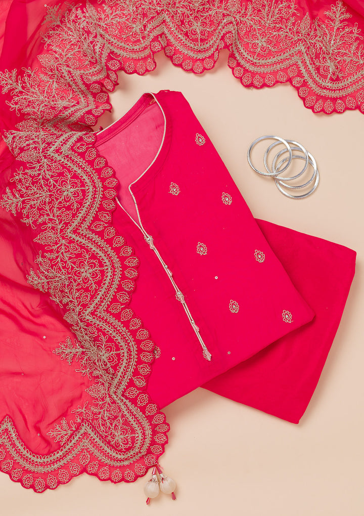 Rani Pink Zariwork Semi Crepe Unstitched Salwar Suit
