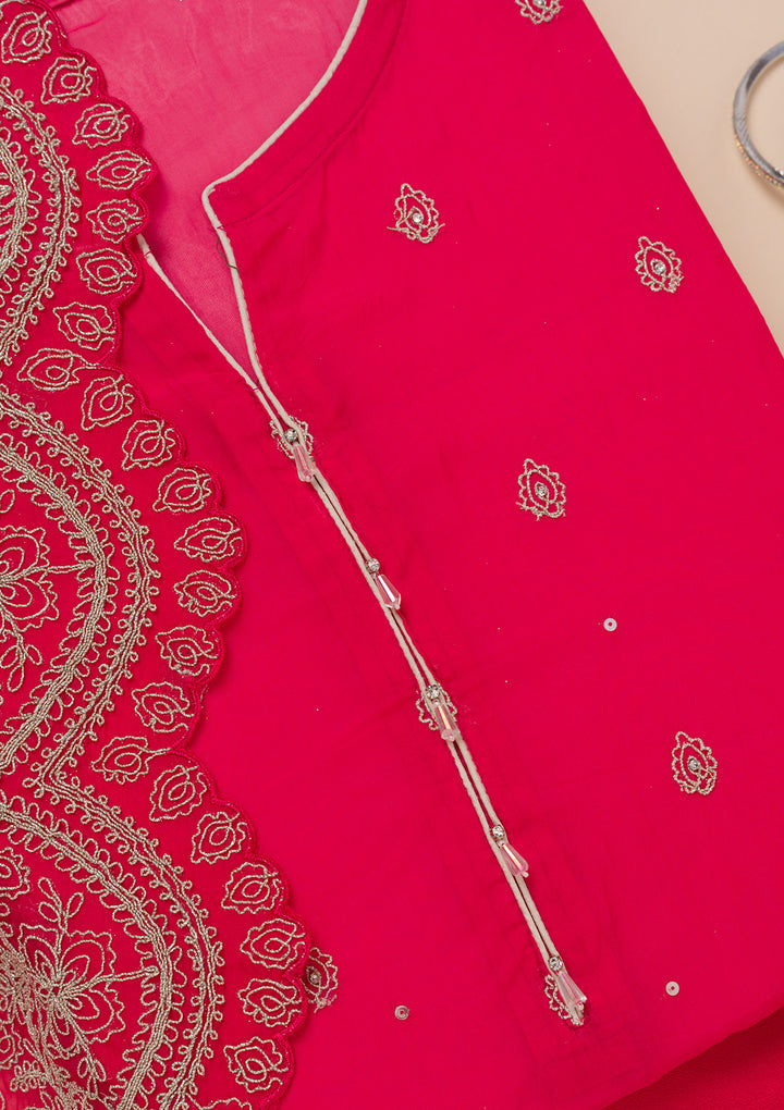 Rani Pink Zariwork Semi Crepe Unstitched Salwar Suit