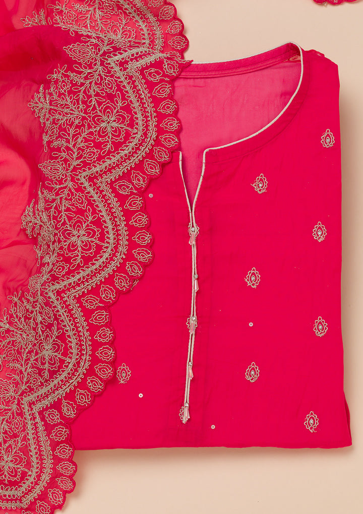Rani Pink Zariwork Semi Crepe Unstitched Salwar Suit