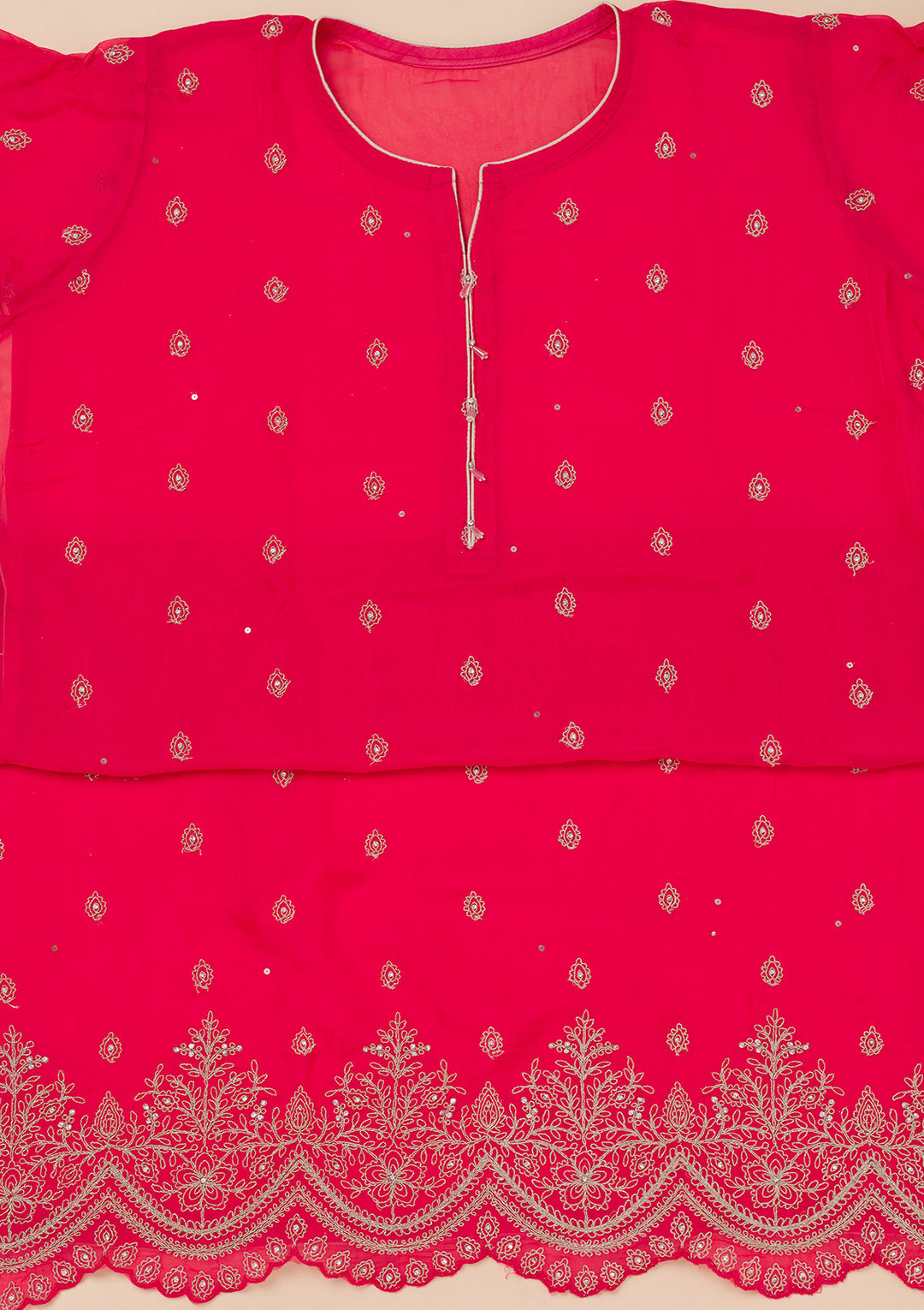 Rani Pink Zariwork Semi Crepe Unstitched Salwar Suit