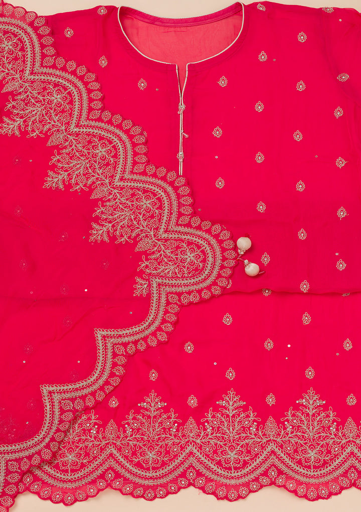 Rani Pink Zariwork Semi Crepe Unstitched Salwar Suit