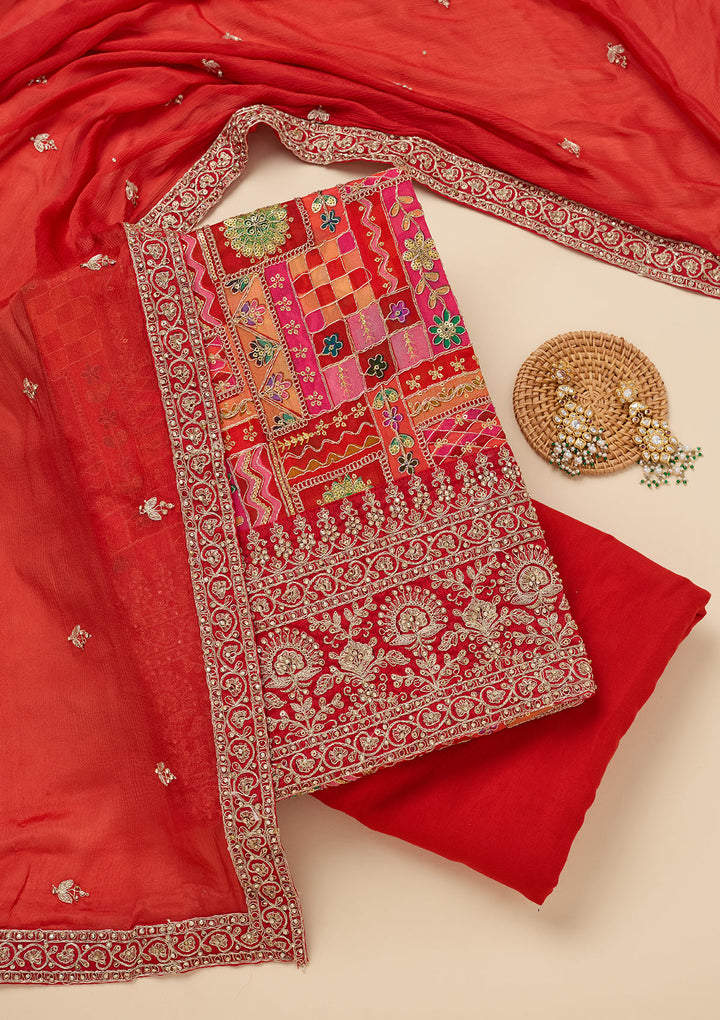 Rani Pink Zariwork Semi Crepe Unstitched Salwar Suit