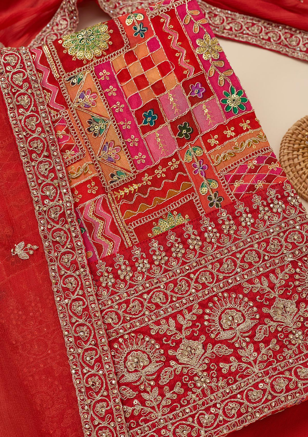 Rani Pink Zariwork Semi Crepe Unstitched Salwar Suit